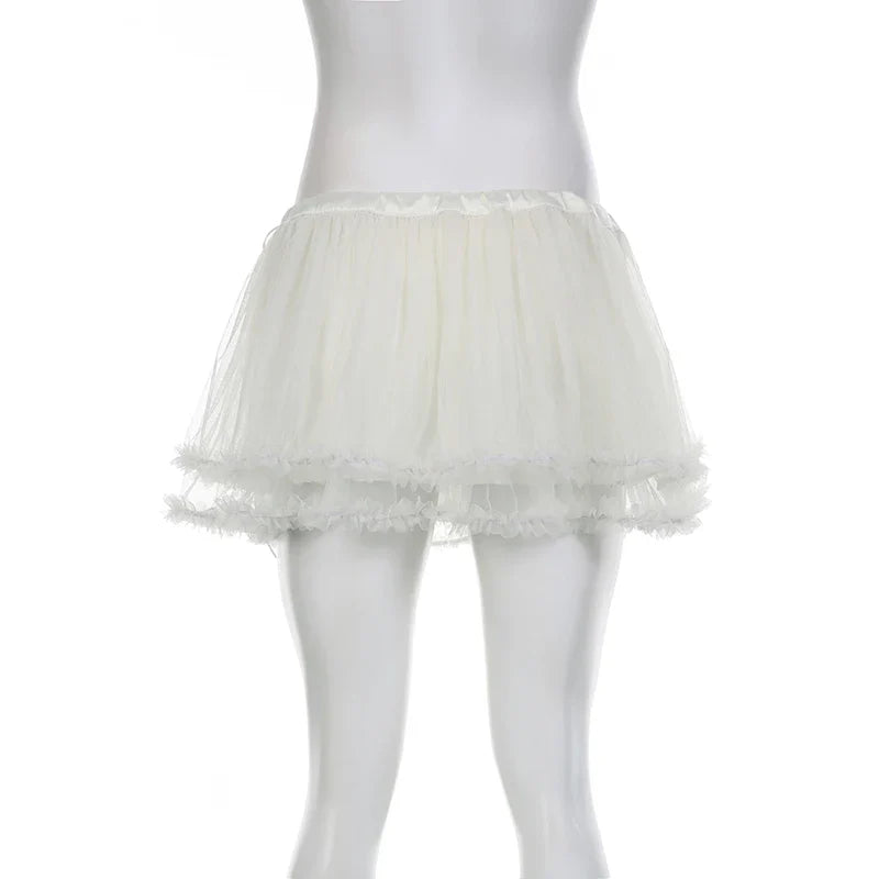 Coquette Tiered Ruffle Tulle Mesh Skirt Aesthetic Lace-up Low Waist A-line Mini