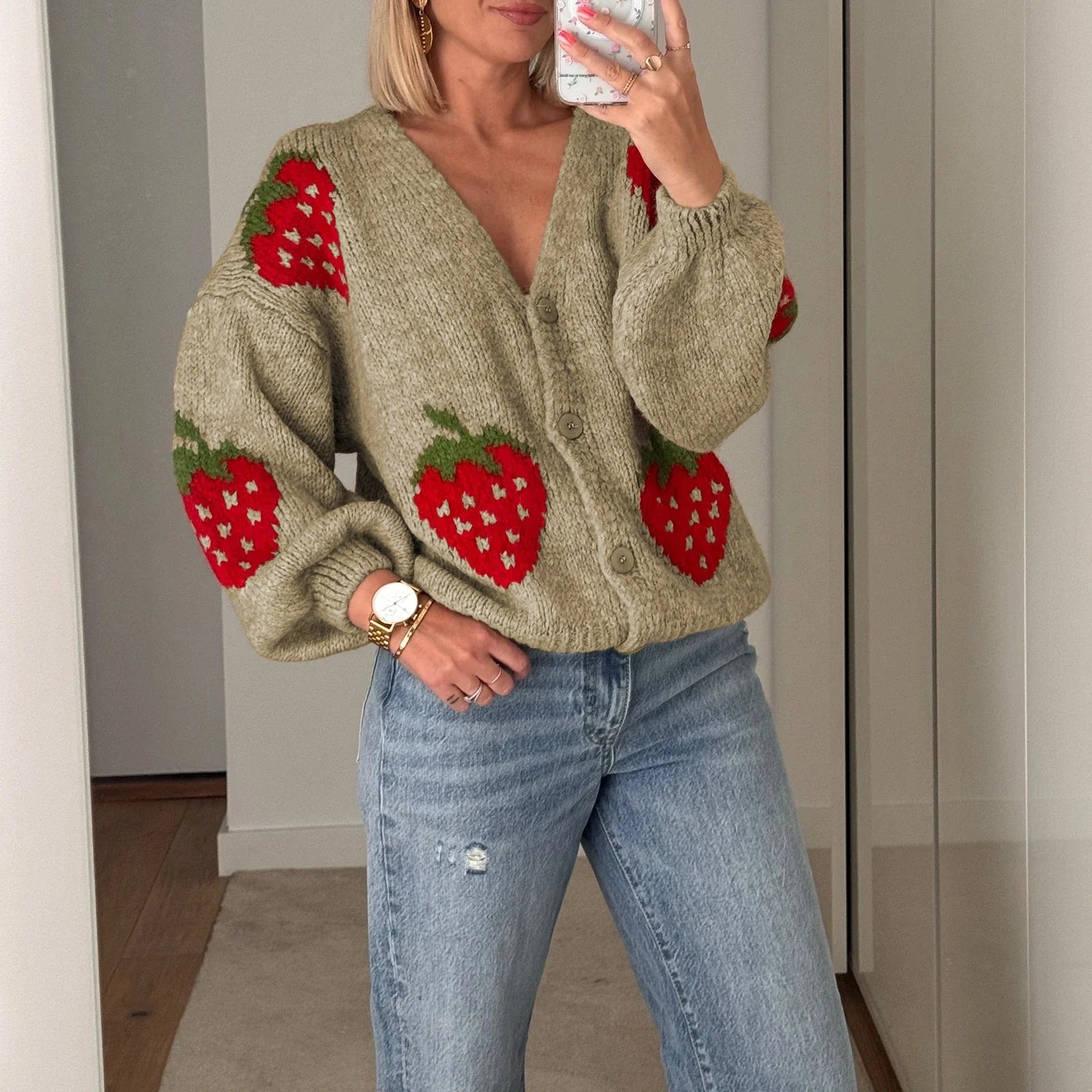 Women Cardigans Sweater Warm Autumn Winter O-neck Strawberry Long Sleeve Loose Knitwears Tops