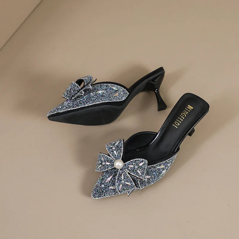Ladies Glitter Low Butterfly-Knot Slippers Casual Jelly Thin Pointed Luxury Fashion Kitten Heels