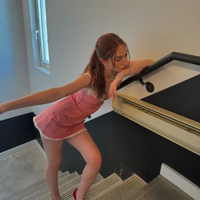 Plaid Y2K Lace Vintage Spaghetti Strap Mini Dresses Backless Aesthetic Casual Slim Dress