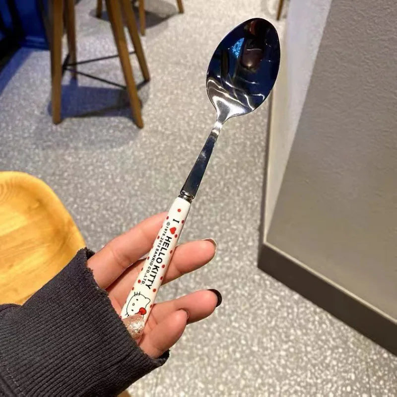 Sanrio Hello Kitty Kitchen Tableware Stainless Steel Chopsticks Spoon Fork Portable Dinnerware Set