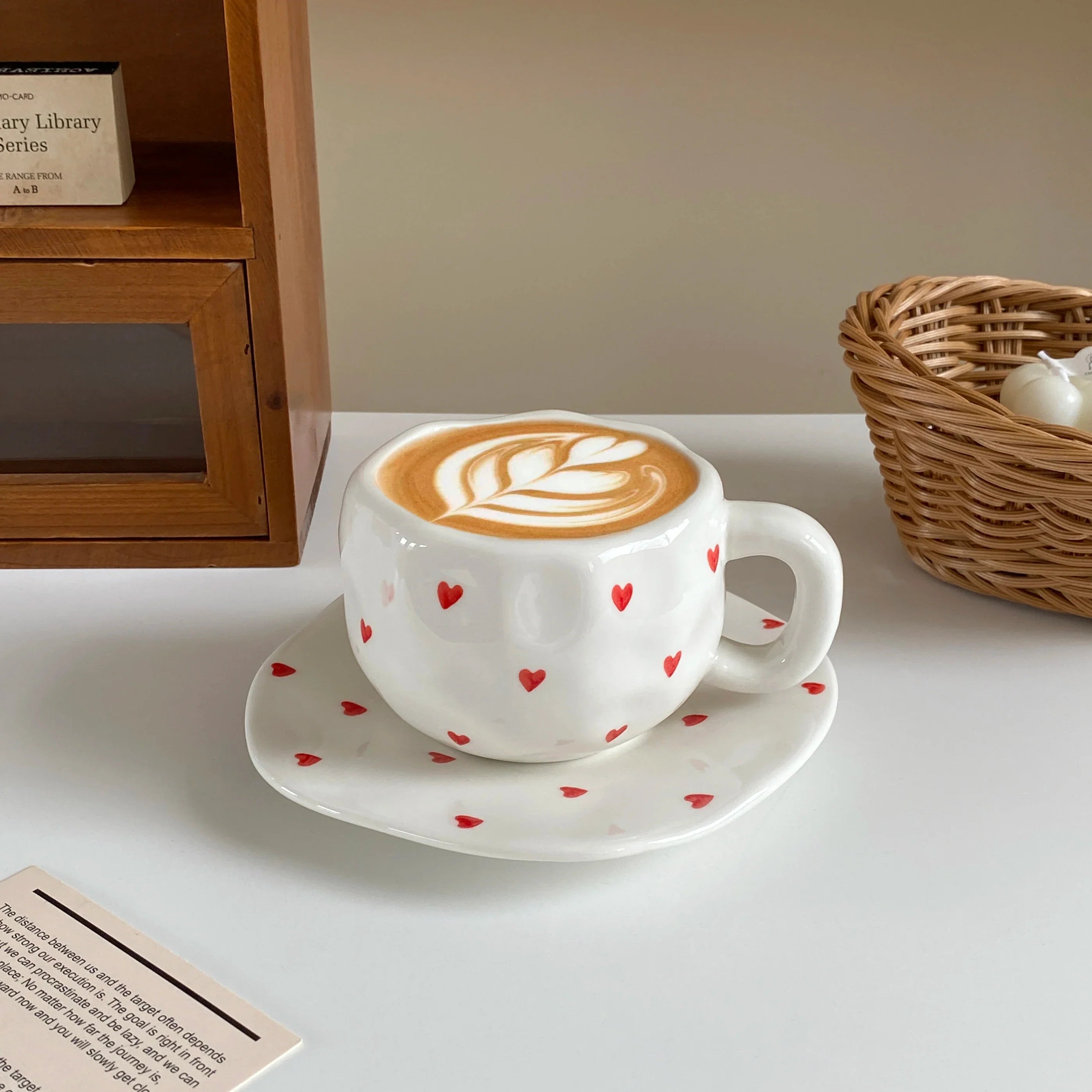 Hand-Kneaded Ceramic Cup and Saucer Multi-Color Plaid Heart Blue Sky and White Clouds Flower Mug Suitable for Afternoon Tea