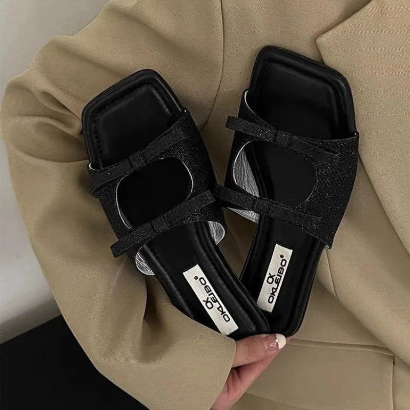 Women Bow Flat Open Toe Flat Slippers