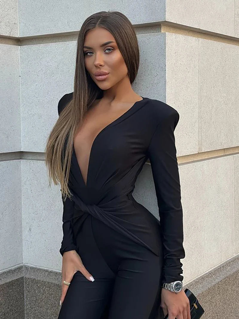 Deep V Neck Long Sleeve Skinny Jumpsuits Rompers Elegant Black High Waist Ruched Slim Sexy Jumpsuit