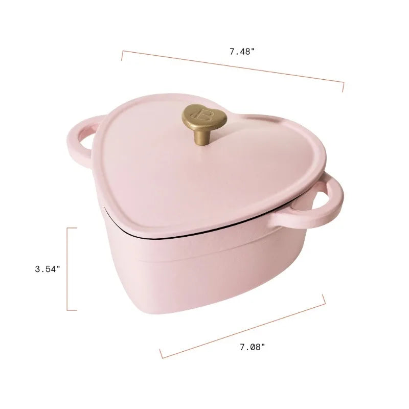 Pink Enameled Cast Iron Dutch Oven Heart-Shaped Pot with Lid, Dual Handles, Works on All Stovetops, Oven Safe to 500°F, 2-Quart