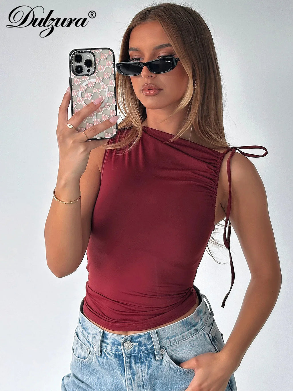 Sleeveless Skew Collar Ruched Lace Up Bodycon Crop Top Sexy Elegant l