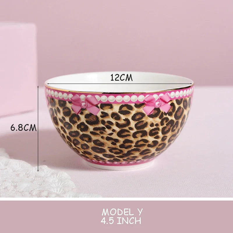 Pink Heart Shaped Dining Plate, Breakfast Tray, Ceramic Lace, Leopard Pattern Tableware, Afternoon Tea Salad Dessert