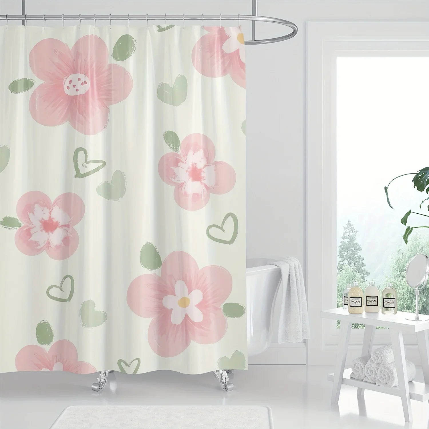 Pink Floral and Heart Print High Quality Shower Curtain - Cute and Stylish Bathroom Decor with Hooks, Polyester Fabric
