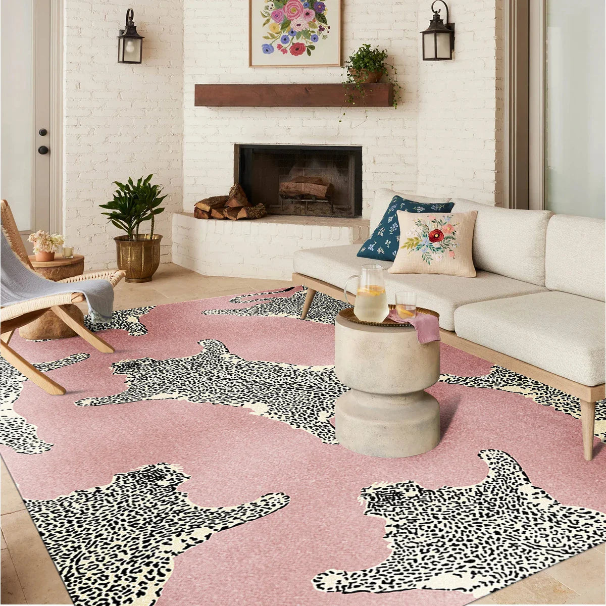Pink Leopard Vintage Floor Mat Machine Washable Bedroom Soft Plush Carpet