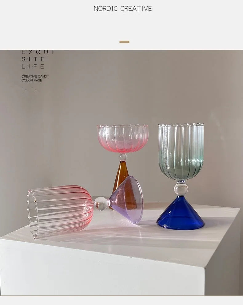 Clear Two Tone Green Blue Amber Purple Colored Ripple Style Martini Mojito Champagne Margarita Cocktail Glasses Goblet Cup