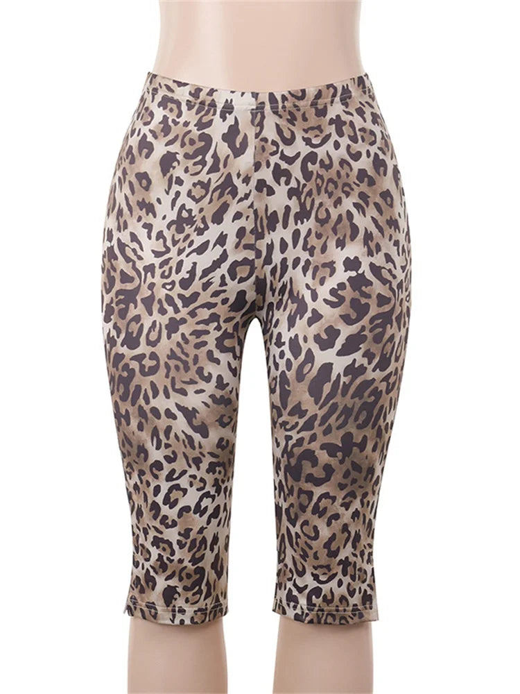 Leopard Print Cropped Pants Women Elastic Waist Buttoms Classic Skinny Basic Streetwear