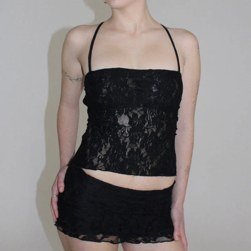 Women 2 Piece Set Lace Outfit Y2k Fairy Coquette Tie-up Backless Crop Tops Low Rise Mini Skirt