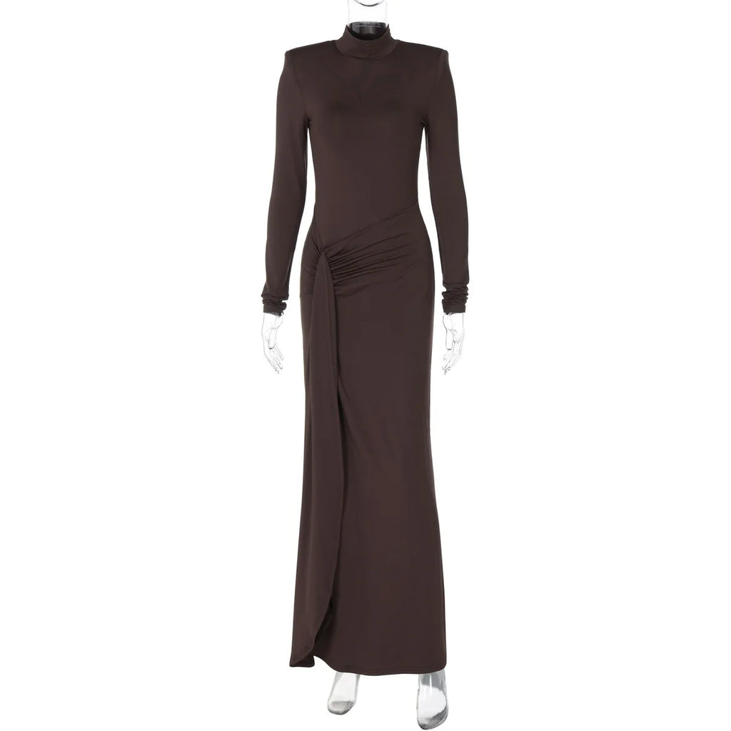 Pleated Bandage Long High Waist Slim Patchwork Long Sleeve Elegant Women's Maxi Dress