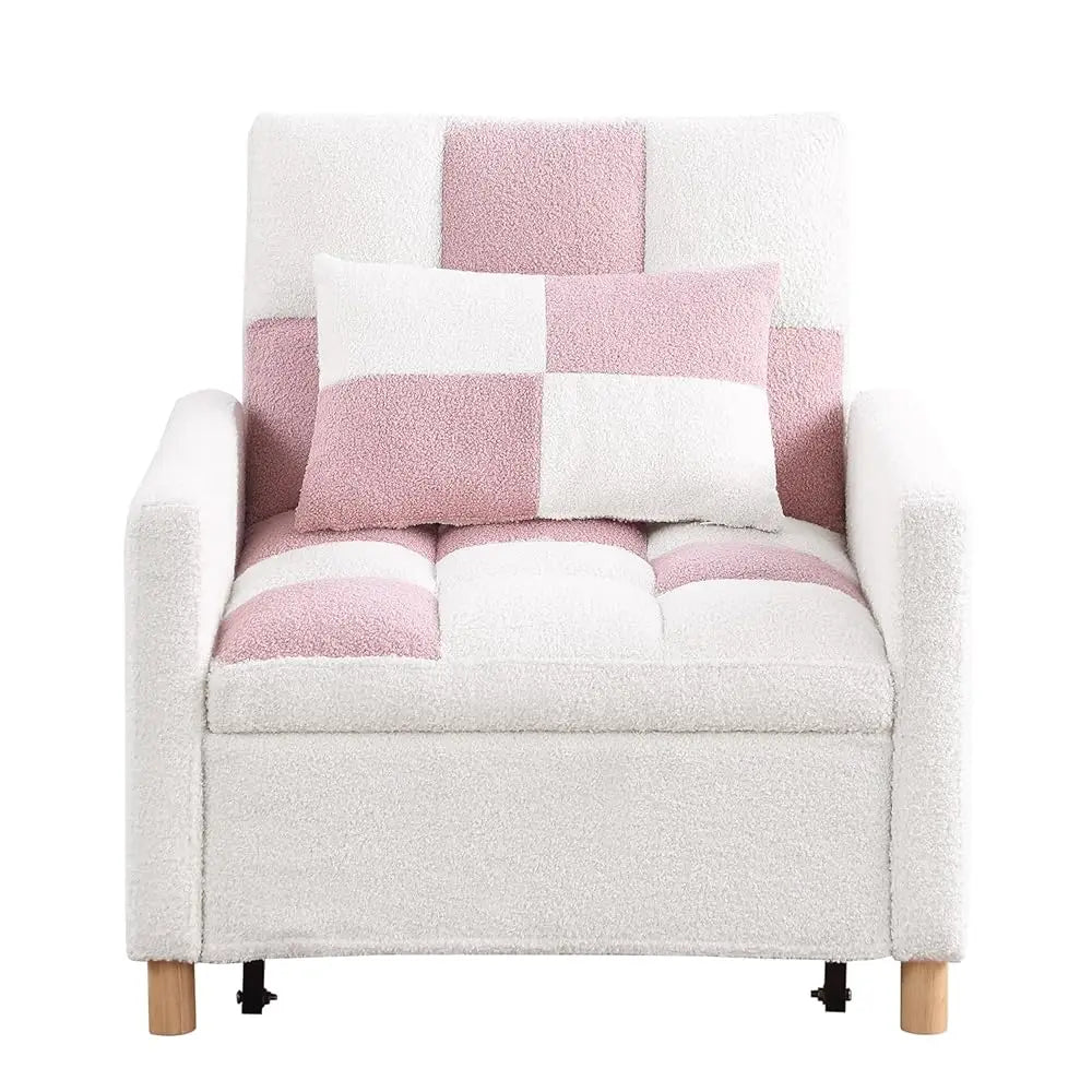 Pink Convertible Sleeper Chair, 3-In-1 Sleeper Chair Pull-Out Bed For Small Space, Soft Teddy Fabric, Sturdy Metal Frame