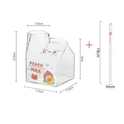 Kawaii Square Milk Carton Glass Cup Heat Resistant Cute Strawberry Peach Breakfast Cup Pudding Cup 380ml