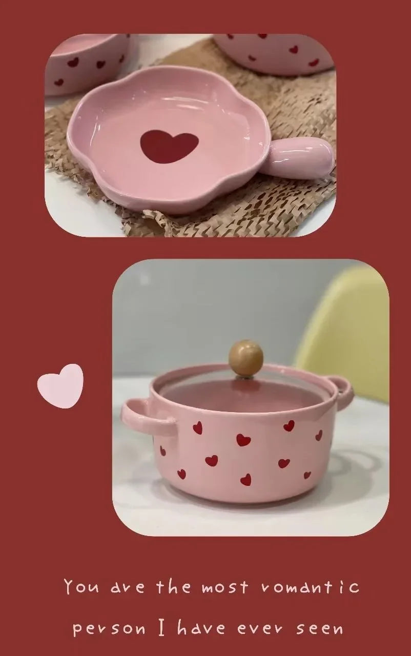 Pink Love Cutlery Set Rice Bowl Ceramic Double Ear Instant Noodle Soup Bowl Hand Paired Spoon Combination Noodle Bowl