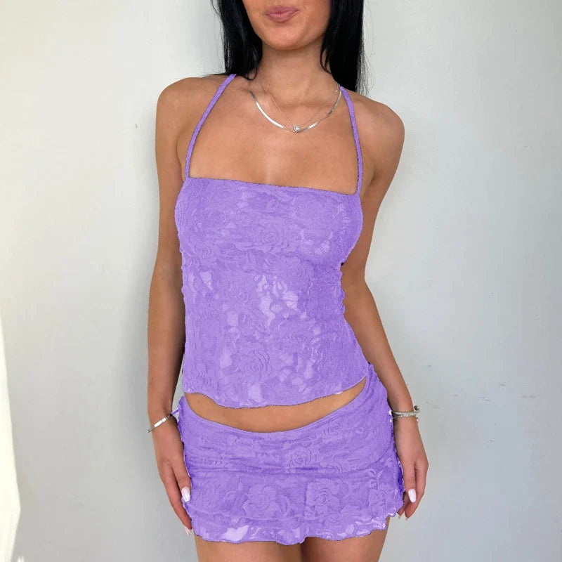 Women 2 Piece Set Lace Outfit Y2k Fairy Coquette Tie-up Backless Crop Tops Low Rise Mini Skirt