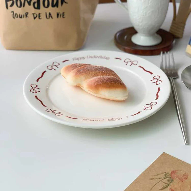 Pink Bow Ceramic Dessert Plate French Vintage Hand-painted Dish