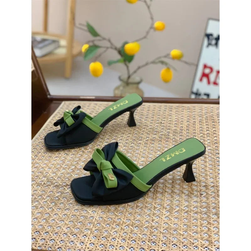 Fashionable Bow Tie Square Toe Slim Heel Women's Shoes