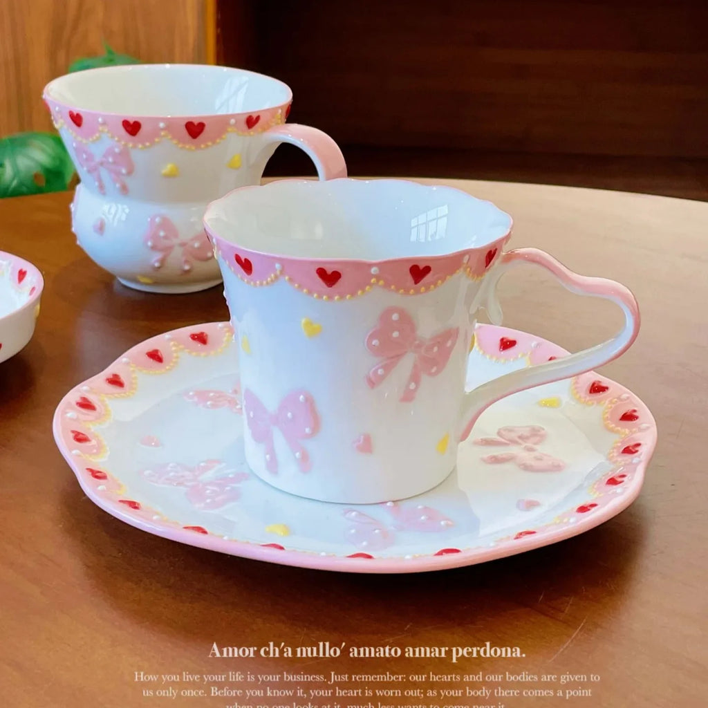 Pink Bow Ceramic Cup Saucer Set Handmade High Quality Cute Bow Breakfast Cups