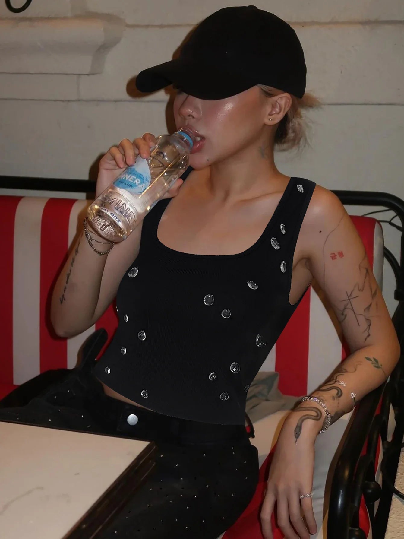 Ribbed Sleeveless Water Droplets Diamond Decorated Tank Sexy Casual Bodycon Top Party Club Streetwear Spring Summer