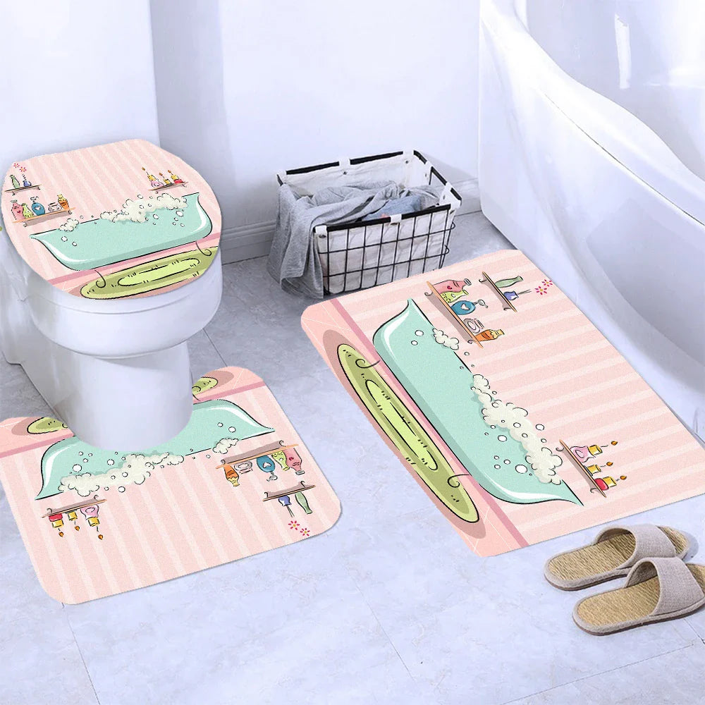 Pink Girl Print 3D Shower Curtain Romantic Polyester Bathroom Curtain Anti-slip Bath Mat Set Toilet Rugs Carpet Decor
