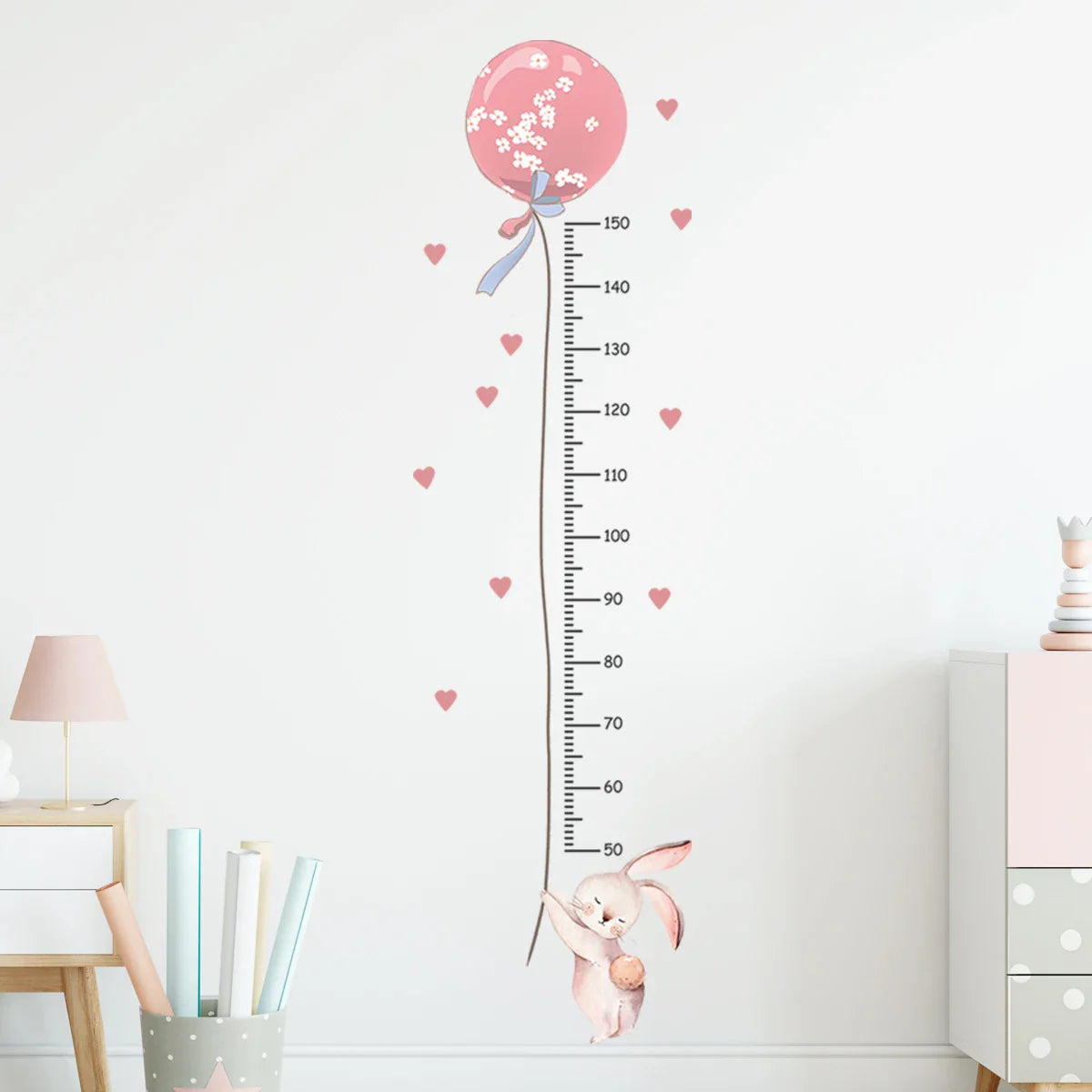 Cartoon Cute Pink Rabbit Balloon Height Measurement Wall Stickers for Kids Room Bedroom Home Decoration Wall Decals 2Pcs