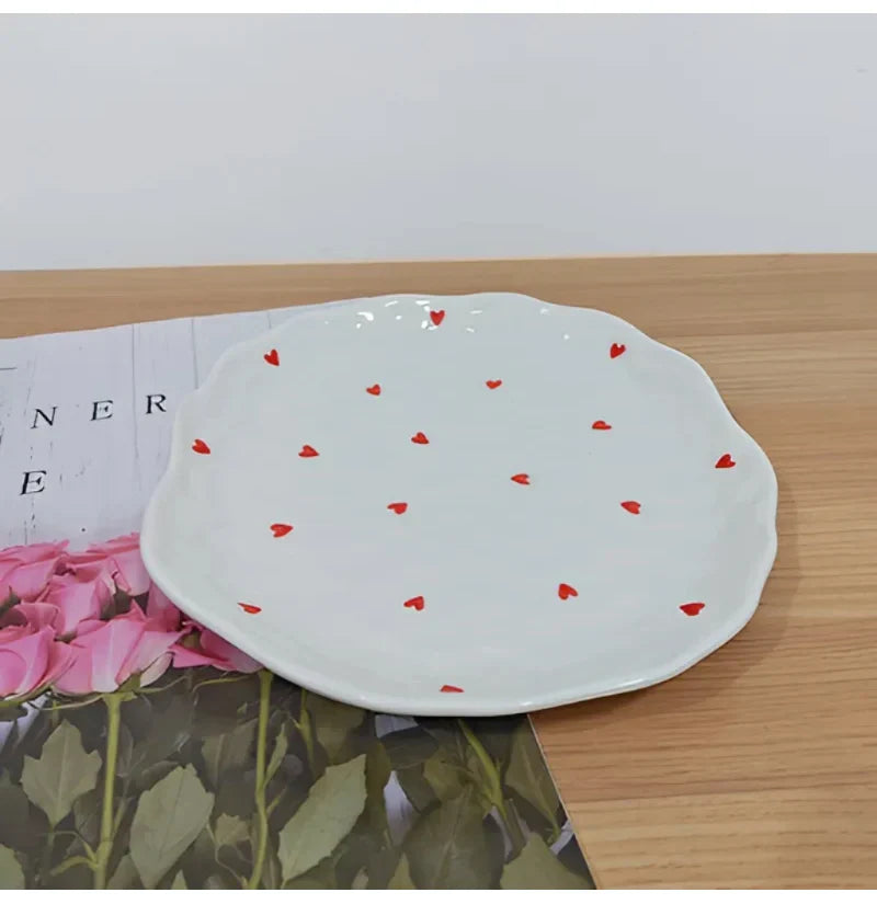 Red Hearts Ceramic Hand-Made Irregular Shaped Porcelain Plates