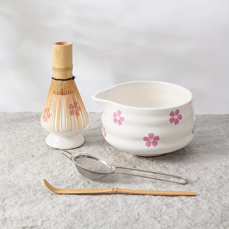Hand-painted Cherry Blossom White Matcha Bowl with Matcha Whisk Set, Japanese Tea Set Includes Matcha Bowl with Spout
