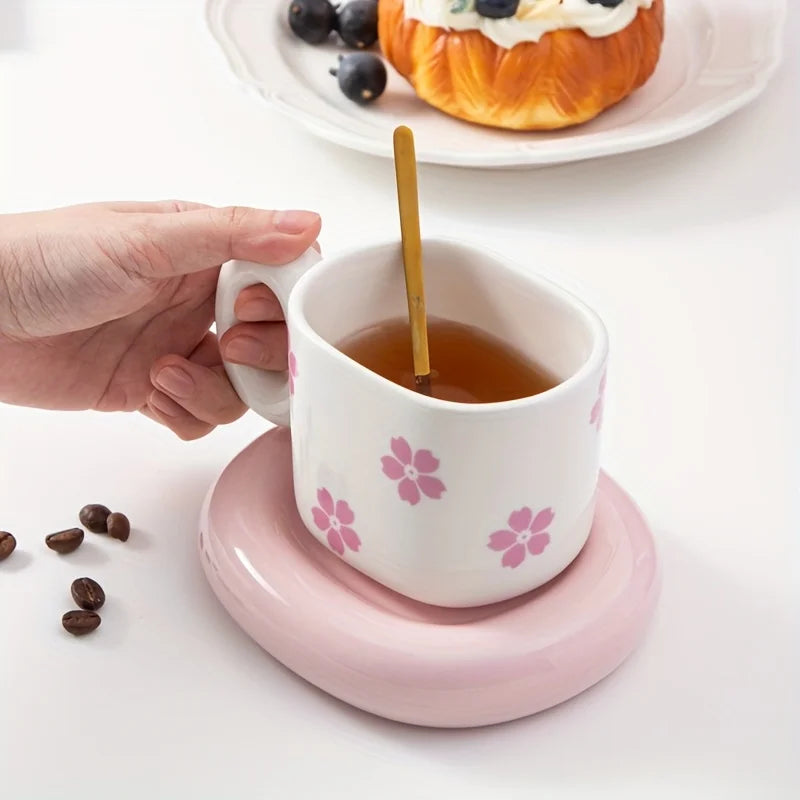 Cute Sakura Decal Plump Handle Cup with Plate Square