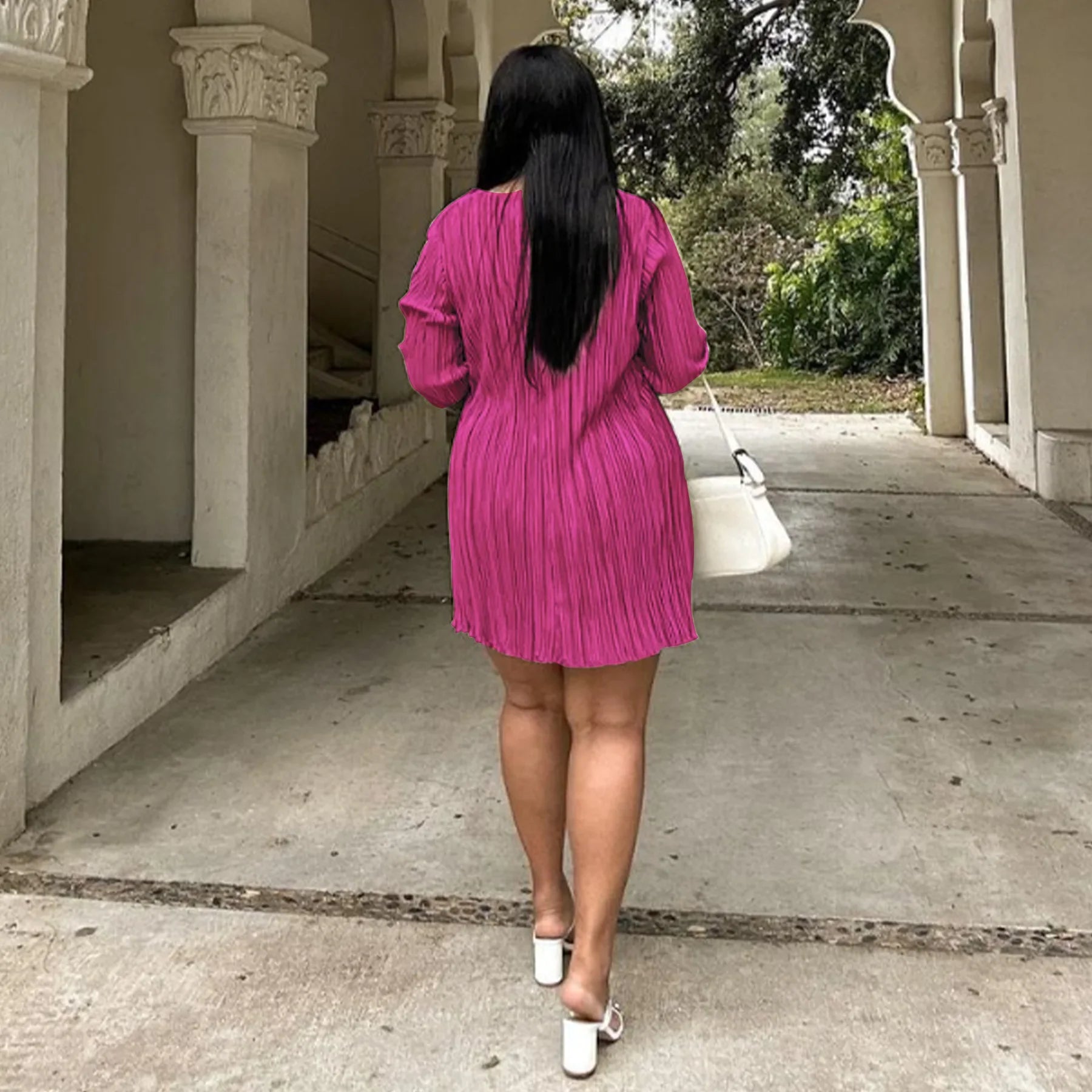 Long Sleeve Women V-neck Pleated Dress Casual Streetwear Plus Size Mini Dresses Party Casual