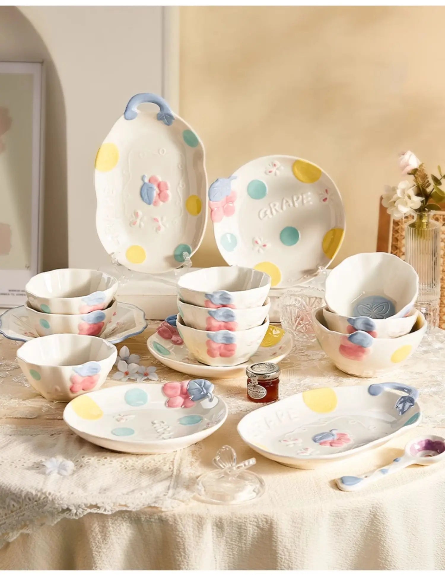 Cute Pattern Ceramic Plates Print Round Deep Tableware