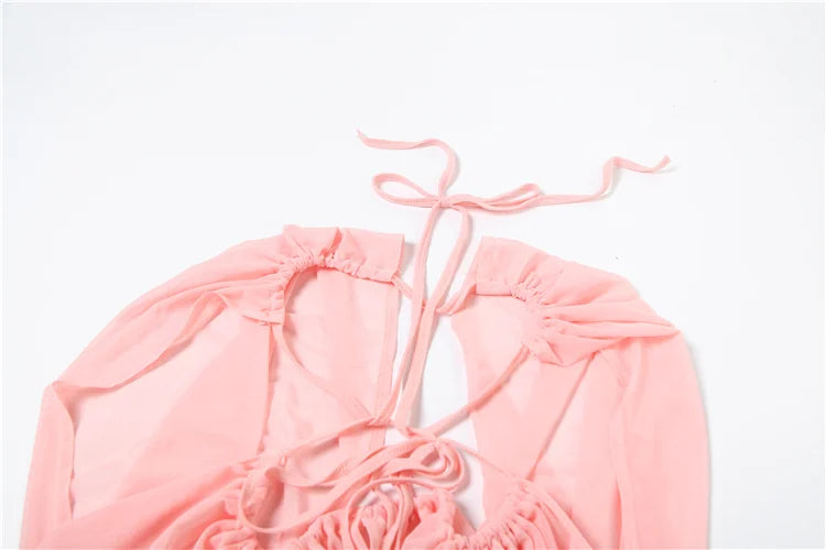 Ruched Sexy Mesh Dress Women Elegant Backless Draping Strapless Bodycon