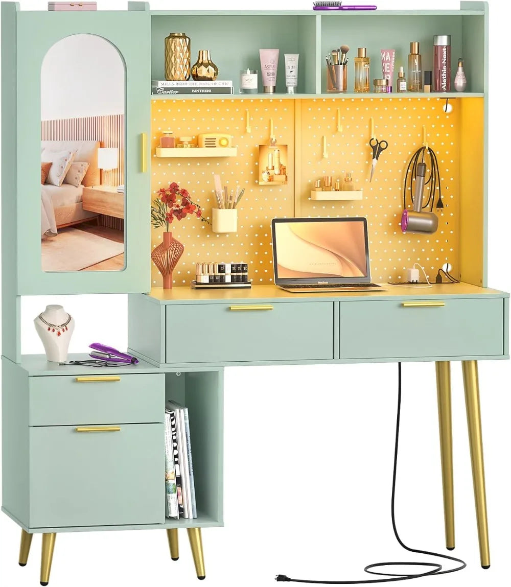 Makeup Vanity with Hutch, Modern Bedroom Vanity with Charging Station and LED, Tall Vanity Table with Pegboard, Mirror, 48''