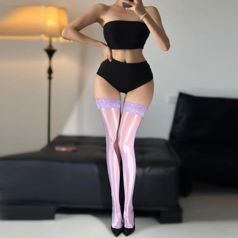 Women Sexy Oil Shiny Over The Knee Thigh High Long Stockings Lace Top Shaping Anti-slip Silicone Socks
