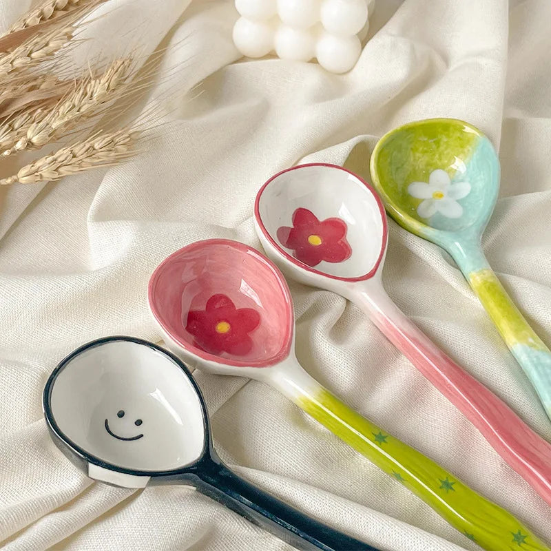 Kawaii Cute Ceramic Flower Spoon Hand Painted Dessert Spoon With Long Handle