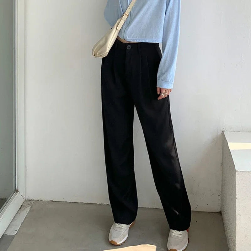 High Waist Women Suit Pants Fall Straight Office Ladies Fashion Trousers Casual Button Loose