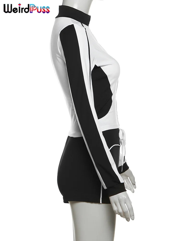 Casual Sporty 2 Piece Set Women Fall Trend Zip Hipster Patchwork Crop Jacket+Shorts Matching Classic Tracksuit Outfits