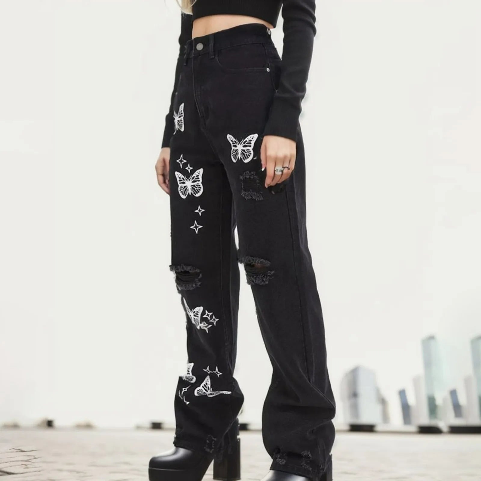 New Butterfly Print Straight Jeans High Waist Denim Trousers Trend Female Knee Hollow Out Broken Holes Pants