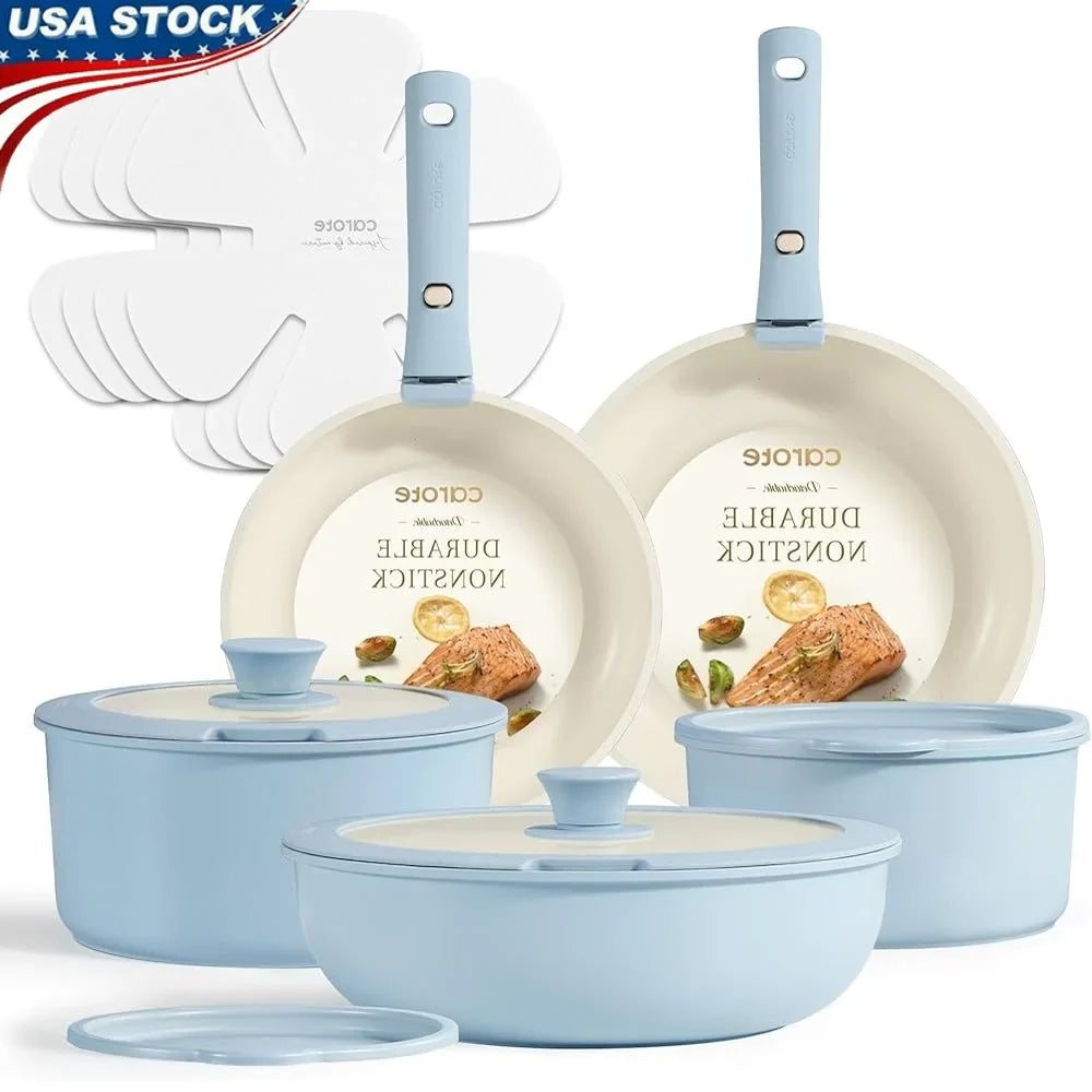 Nonstick Cookware Set 15pcs Detachable Handle Induction Pots and Pans Space Saving Kitchen Cookware Easy Clean Cookware Set