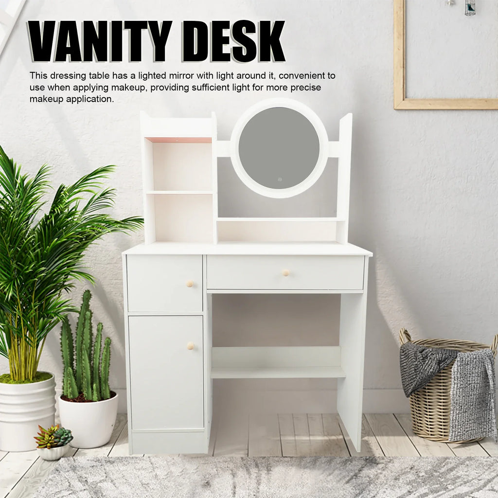 Makeup Vanity Desk Multiple Shelves Multifunction Space Saving Stylish Dressing Table Strong White with Lighted Mirror for Home