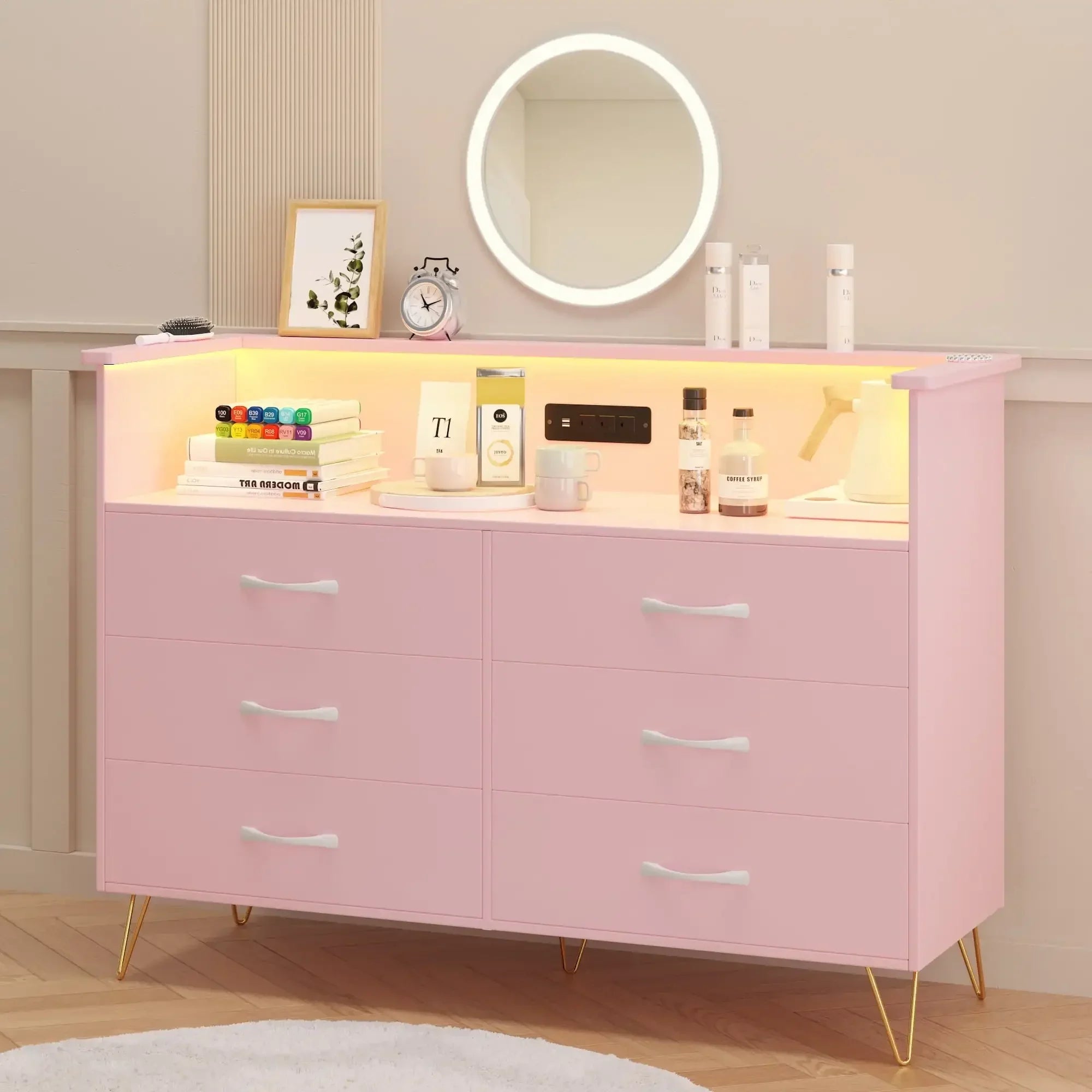 Dresser for Bedroom 6 Drawer with LED Light & Charging Station, Wooden Dressers and Chests of Drawers with 2-Tier Open Shelves