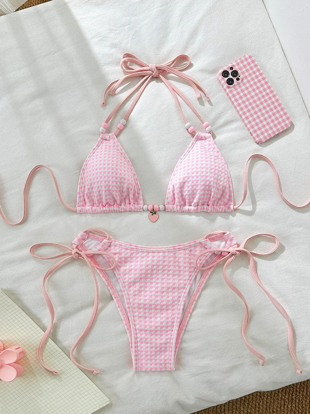 Sexy Pink Plaid Bikinis Sets Women Bead String Strap Push Up Drawstring Side Thong Swimsuit