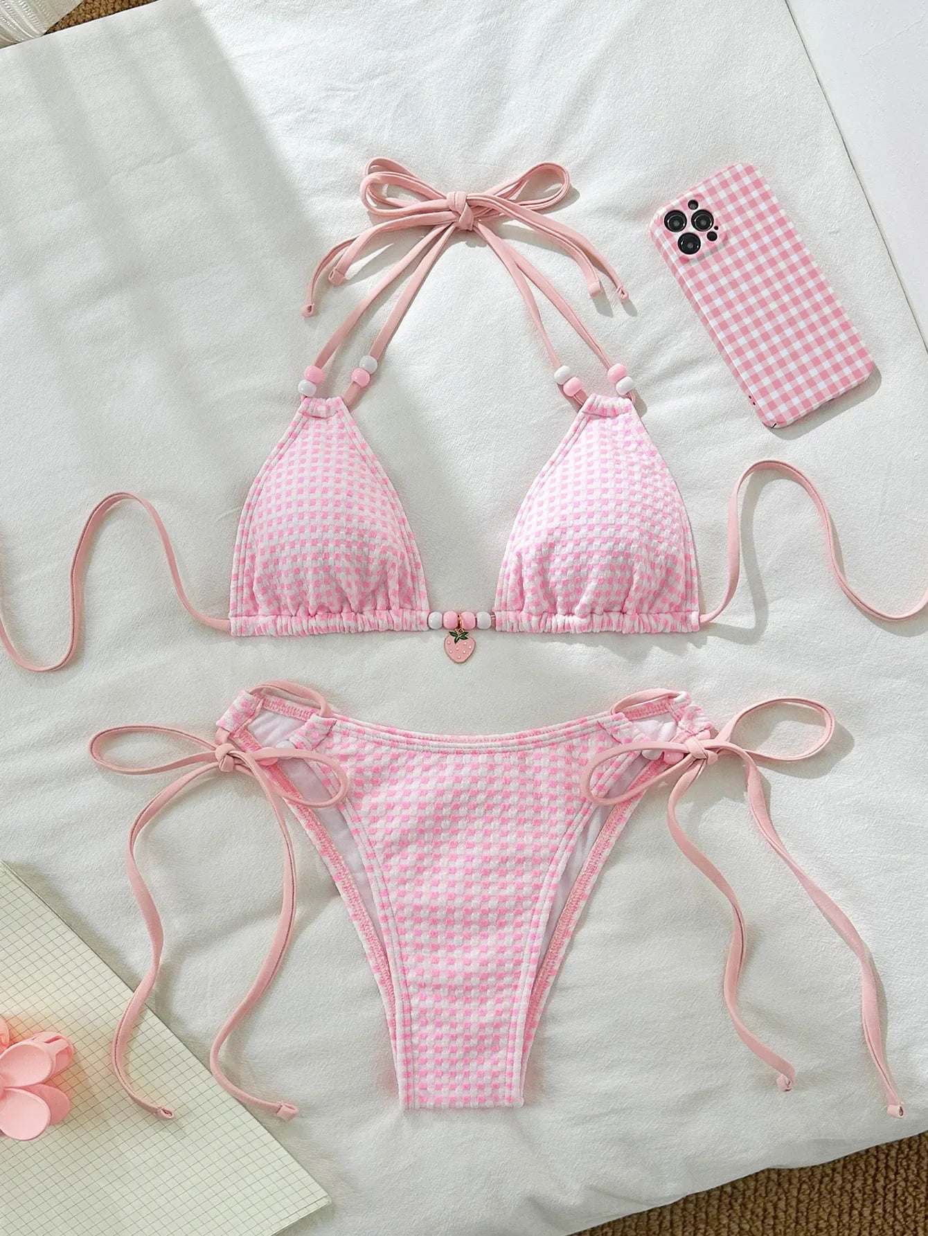 Sexy Pink Plaid Bikinis Sets Women Bead String Strap Push Up Drawstring Side Thong Swimsuit