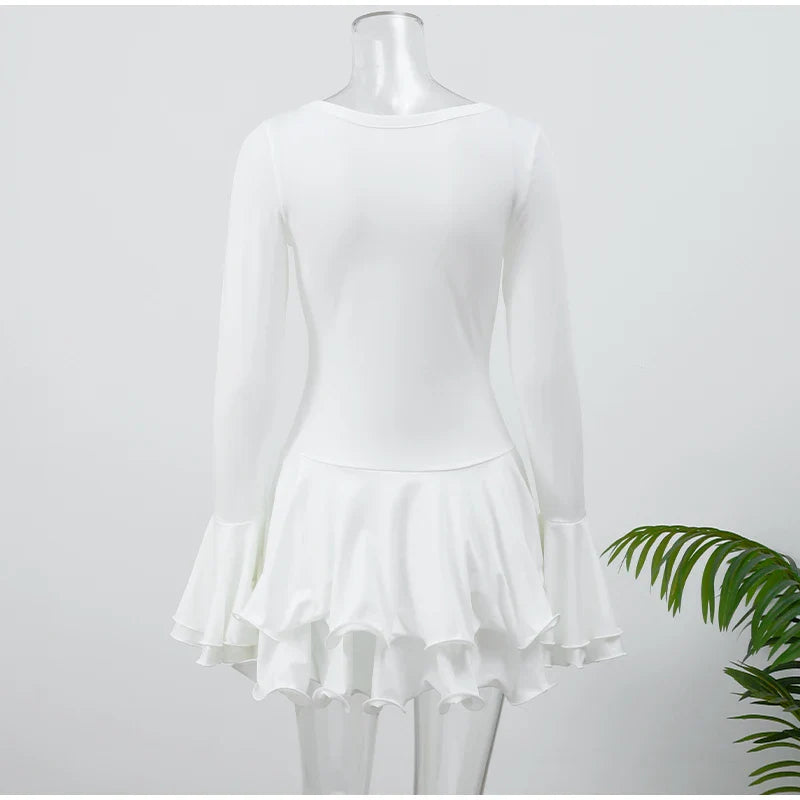 Pink Flare Sleeve Ruffle Pleated Mini Dress Women's Irregular Deep V-neck Buttons A-line Gowns