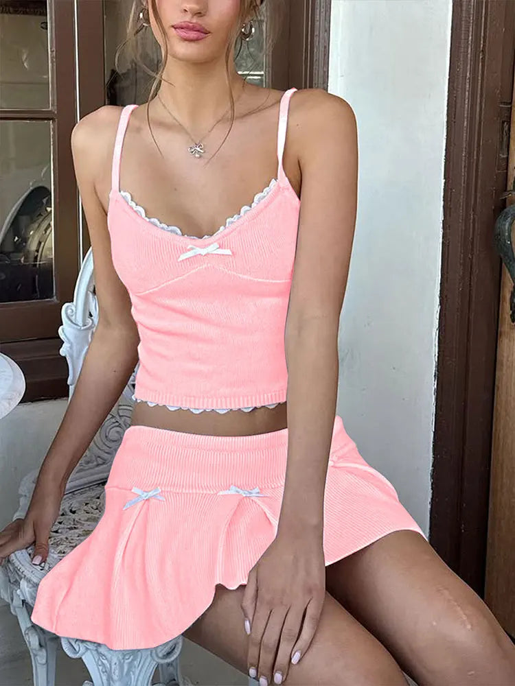 Women's 2 Piece Streetwear New Bow Pleated Skirt Pink Sweet Sexy Lace Backless V-Neck