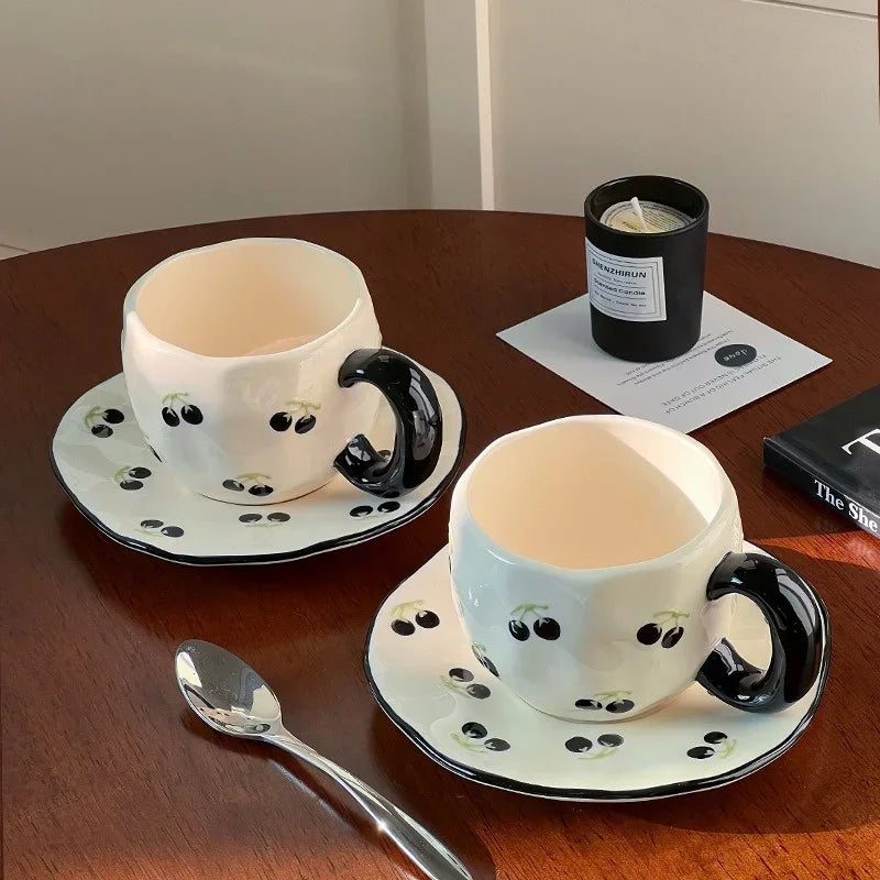 Ceramic Coffe Mug Hand Pinched Irregular Hand-painted Love Heart Cherry Pattern Cup with Saucer