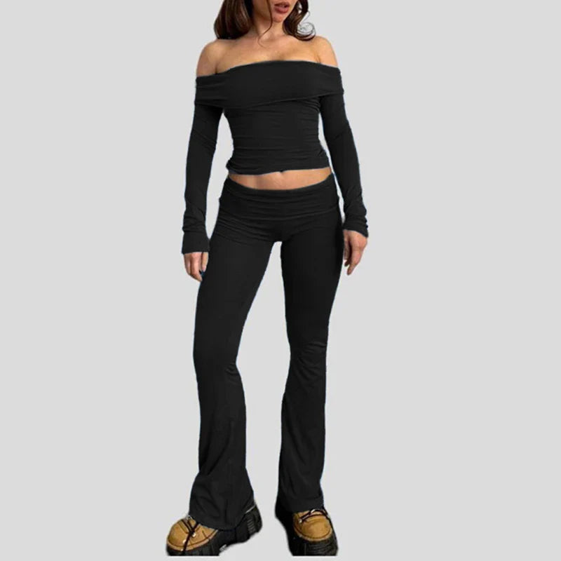 Slash Neck Top and Casual Pants Sets Women's Two Pieces Of Outfits Streetwear Solid Fashion Y2K Basic Slim Clothes