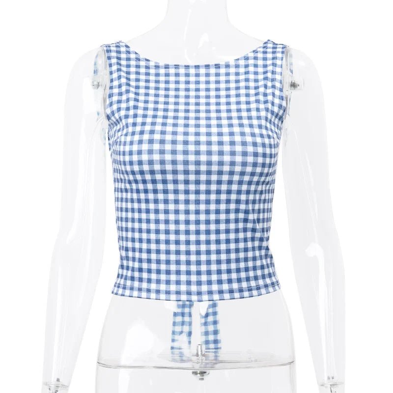 Fashion Bow Backless Tank Top Casual Streetwear Plaid Print Sleeveless Crop Tops Summer Slim Fashion Corsets