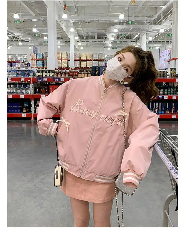Sweet Butterfly Knot Pink Baseball Jacket Women's Spring Autumn Casual Loose Fit round Neck Full Sleeve Fashionable Coat